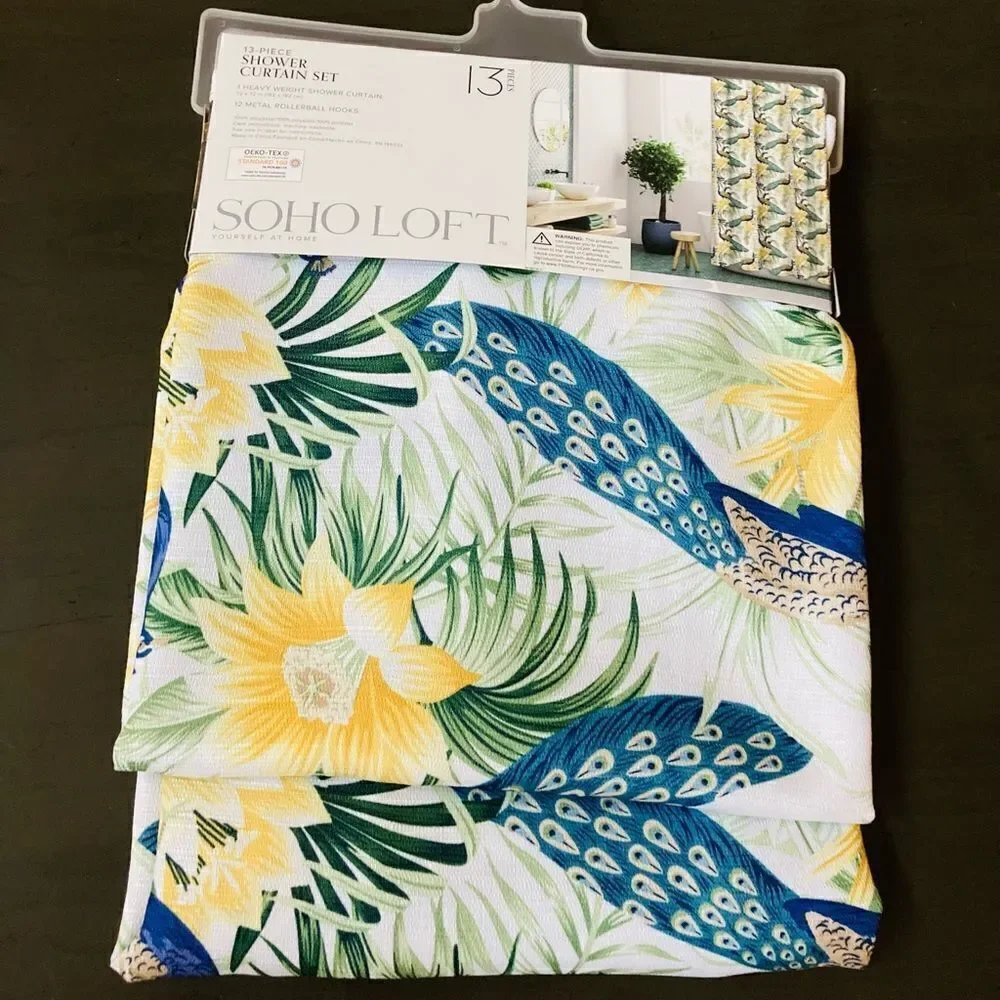 Peacock Botanical Floral Fabric Shower Curtain Set